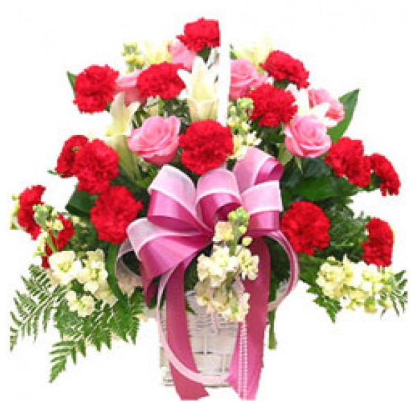 Romantic Pink Roses and Red Carnations in a Basket